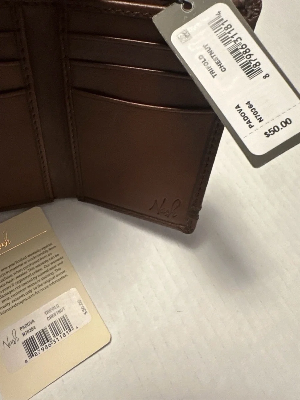 Pat Patricia Nash Men’s Padova Trifold ID Wallet Chestnut Brown Leather NWT